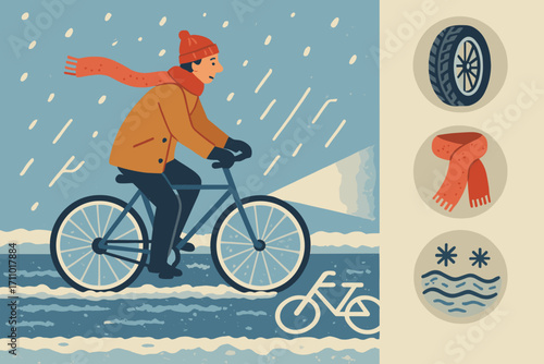 Winter Cycling Essentials. Scene illustration showing cyclist in snowy bike lane and winter commute icon set for tires, scarf