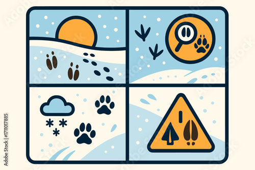 Animal Footprints in Snow. Colorful vector panel with animal footprints in morning snow and discovery icon set for mixed tracks,