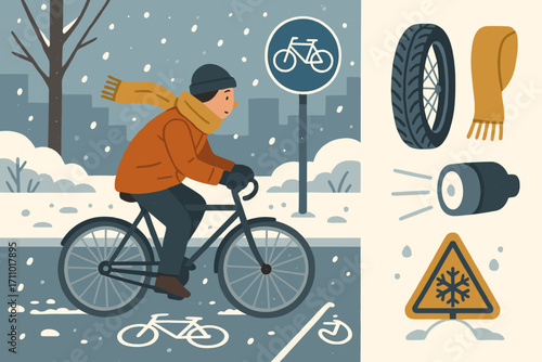Winter Cycling Essentials. Scene illustration showing cyclist in snowy bike lane and winter commute icon set for tires, scarf