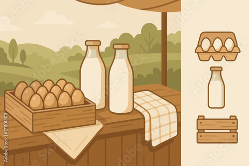 Fresh Eggs and Dairy. Wide banner showing fresh eggs and dairy bottles at stand and morning produce icon set for egg tray, milk