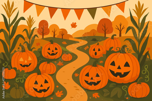 Whimsical Pumpkin Patch. Whimsical fall vector featuring pumpkin patch trail with carved pumpkins, corn stalks and fall banners,