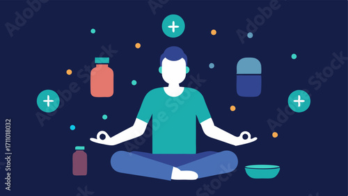 Dreamy Longevity A peaceful scene with a biohacker meditating surrounded by glowing icons of supplements symbolizing peace of mind and health extension.