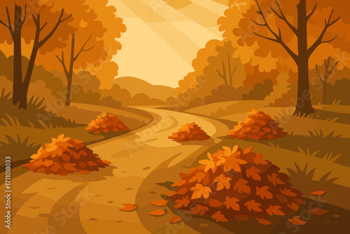 Autumn Leaf-Lined Road. Vector scene of leaf piles scattered along rural road, highlighted with sunlight rays and earthy tones,