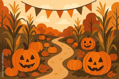 Whimsical Pumpkin Patch. Whimsical fall vector featuring pumpkin patch trail with carved pumpkins, corn stalks and fall banners,