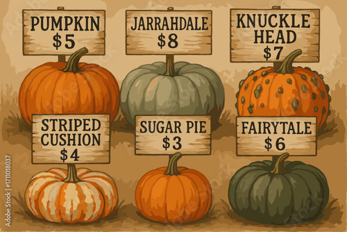 Pumpkin Varieties Showcase. Illustrated display of pumpkin types with names and prices on rustic signs, lined up in aesthetic