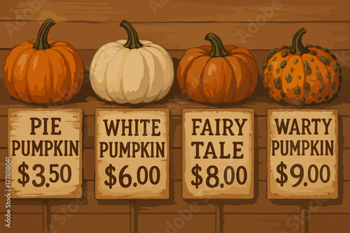 Pumpkin Varieties Showcase. Illustrated display of pumpkin types with names and prices on rustic signs, lined up in aesthetic