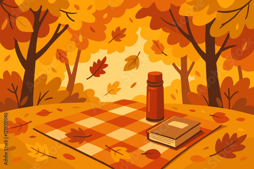 Cozy Autumn Picnic. Flat style vector of picnic blanket surrounded by fallen leaves, thermos, book and cozy atmosphere under