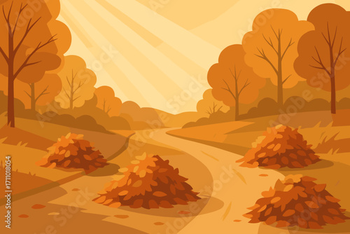 Autumn Leaf-Lined Road. Vector scene of leaf piles scattered along rural road, highlighted with sunlight rays and earthy tones,