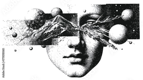 Surreal Cosmic Stippling Portrait with Intriguing Elements