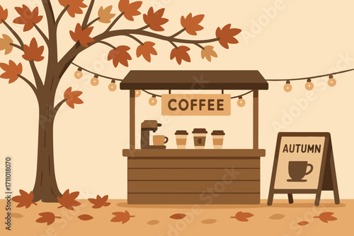 Minimalist Coffee Stand. Horizontal banner of minimalist coffee stand under maple tree, with string lights, takeaway cups and