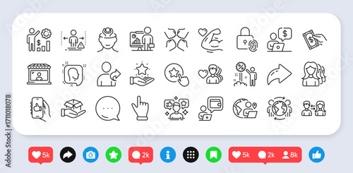Loyalty star, Refer friend and Head line icons pack. Social media: share, comment, like icons. Women headhunting, Wallet, Global business web icon. Vector