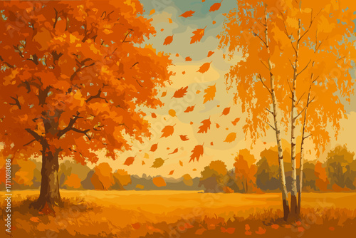 Autumn Tree Celebration. Flat banner showing open field with oak and birch trees, leaf confetti swirling around and rich color