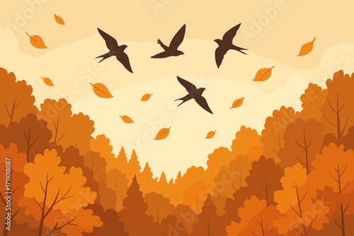 Birds Over Autumn Forest. Nature-inspired vector of birds flying over autumn forest with scattered leaves, treetop glow and
