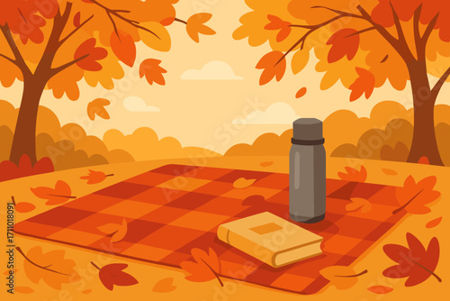 Cozy Autumn Picnic. Flat style vector of picnic blanket surrounded by fallen leaves, thermos, book and cozy atmosphere under
