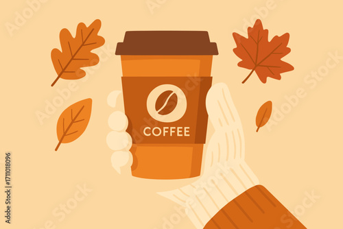 Autumn Coffee Vibes. Flat design of takeaway cup with branded sleeve, fallen leaves and cozy mittens in hand, ideal for autumn