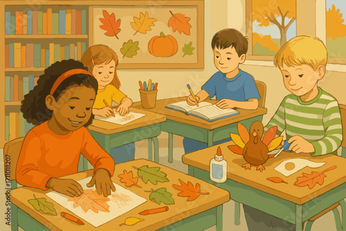 Autumn Classroom Projects. Illustrated classroom scene with students working on fall-themed projects — leaf rubbings, seasonal