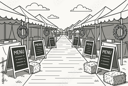 Festival Vendor Pathway. Vector layout of festival pathway lined with vendor tents, hay stacks, handmade wreaths and rustic