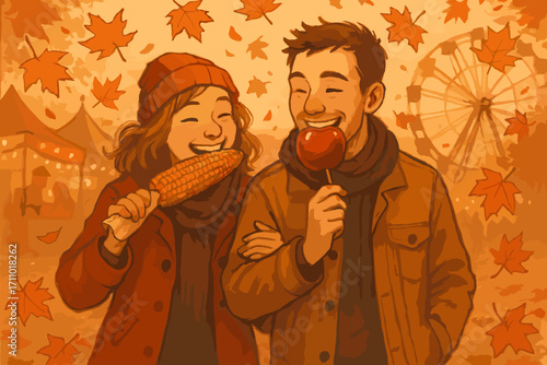 Autumn Fair Delights. Scene of couple enjoying roasted corn and caramel apples while walking through fairground with maple leaves