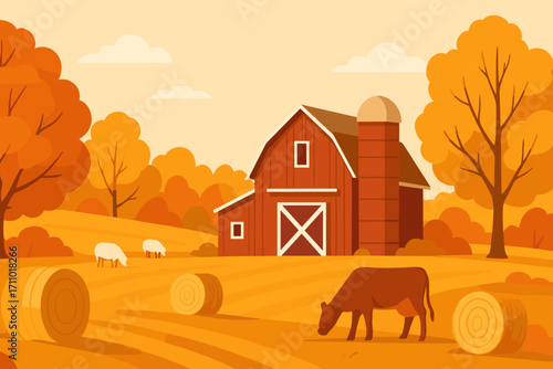 Autumn Farm Scene. Horizontal vector banner of scenic autumn farm landscape with red barn, hay bales, grazing animals and golden