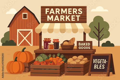 Farmers Market Setup. Modern vector composition of farmers market set up near barn with seasonal vegetables, jams, baked goods and