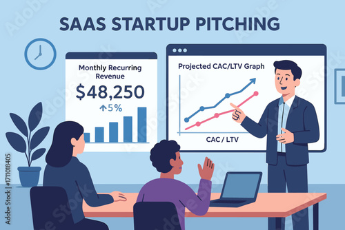 SaaS Startup Financial Dashboard. Vector layout of SaaS startup pitching with monthly recurring revenue dashboard and projected