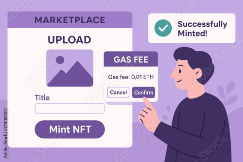 Minting NFT Success. Banner showing person minting NFT on marketplace — upload screen, gas fee pop-up, and success notification.