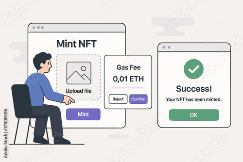 Minting NFT Success. Banner showing person minting NFT on marketplace — upload screen, gas fee pop-up, and success notification.