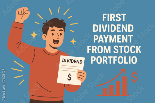 First Dividend Celebration. Banner showing young man celebrating first dividend payment from stock portfolio.