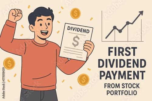 First Dividend Celebration. Banner showing young man celebrating first dividend payment from stock portfolio.