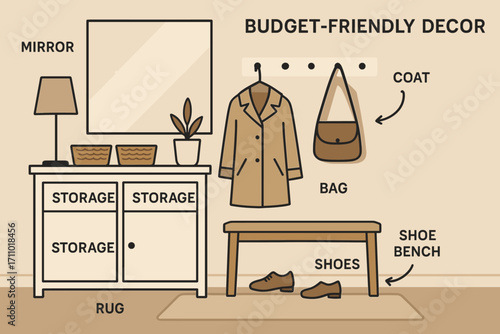 Organized Entryway Design. Vector layout of clean entryway with labeled storage, no clutter, and budget-friendly decor.