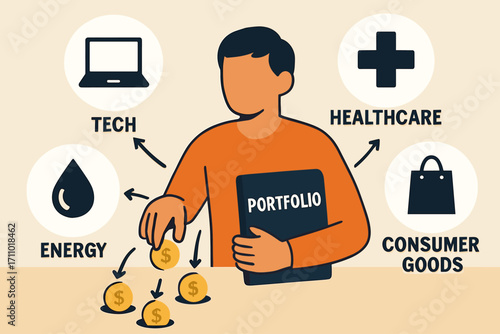 Diversified Investment Portfolio. Vector illustration of person diversifying portfolio across sectors — tech, healthcare, energy
