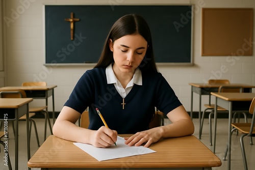 Focused Student Concentrating on Education and Academic Success in a Catholic School Setting, Ideal for Educational Materials and Back-to-School Campaigns