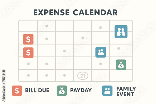 Expense Calendar Overview. Horizontal vector layout of expense calendar — bill due dates, paydays, and family events highlighted.