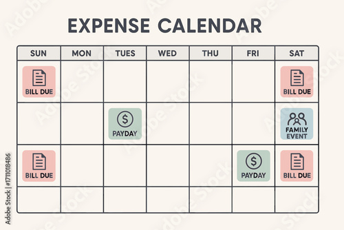 Expense Calendar Overview. Horizontal vector layout of expense calendar — bill due dates, paydays, and family events highlighted.