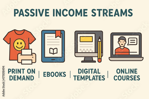 Passive Income Streams. Illustrated breakdown of passive income streams — print-on-demand, eBooks, digital templates, and online