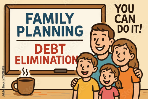 Family Planning Banner. Cartoon-style banner of family planning debt elimination with whiteboard, coffee, and encouragement.