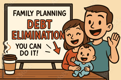 Family Planning Banner. Cartoon-style banner of family planning debt elimination with whiteboard, coffee, and encouragement.