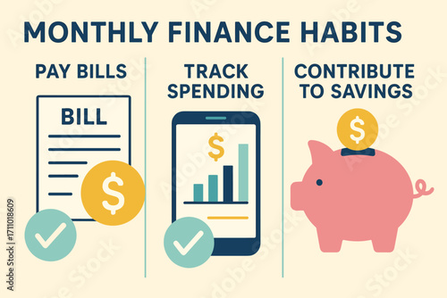 Monthly Finance Checklist. Flat design banner showing monthly finance habits checklist — pay bills, track spending, contribute to