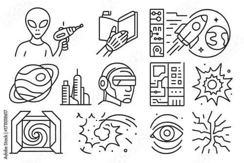 Sci-Fi Icon Collection. Line style icons of sci-fi comics: alien with raygun, robot hand holding book, spaceship in warp, planet