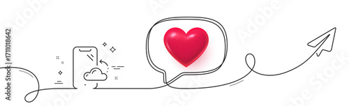 Smartphone cloud line icon. Continuous line with share plane. Phone backup sign. Mobile device symbol. 3d heart in speech bubble. Smartphone cloud single line ribbon. Loop curve pattern. Vector