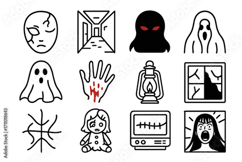 Horror Anime Icons. Line style icons of horror anime: cracked mask, haunted corridor, red eyes in shadow, ghostly figure; bloody