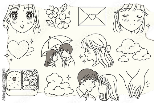 Shojo Manga Icons. Line style icons of shojo manga: sparkling eyes, floral background, love letter, gentle blush; heart flutter,