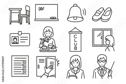 Manga School Icons. Line style icons of school manga: classroom desk, blackboard chalk, school bell, hallway shoes; student ID,
