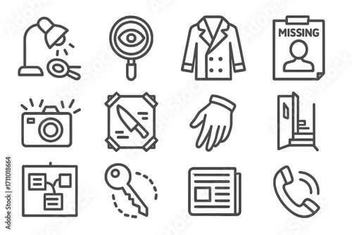 Detective Manga Symbols. Line style icons of detective manga: clue under lamp, magnifier eye, trenchcoat silhouette, missing note;