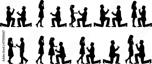 Marriage proposal silhouette vector set showing romantic kneeling man with ring and emotional woman reaction in love scene collection