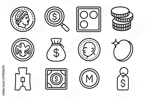 Coin Collectibles Icons. Line style icons of coin collectibles: ancient coin, magnifying glass over coin, coin display case, stack