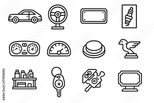 Automotive Collectibles Icons. Line style icons of automotive collectibles: model car, steering wheel display, retro license plate