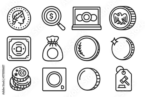Coin Collectibles Icons. Line style icons of coin collectibles: ancient coin, magnifying glass over coin, coin display case, stack