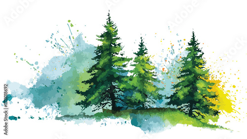 Peaceful Watercolor Painting of Lush Green Pine Trees