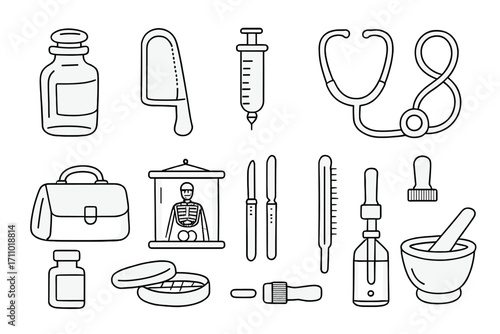 Antique Medical Icons. Line style icons of antique medical tools: apothecary jar, bone saw, glass syringe, stethoscope loop;
